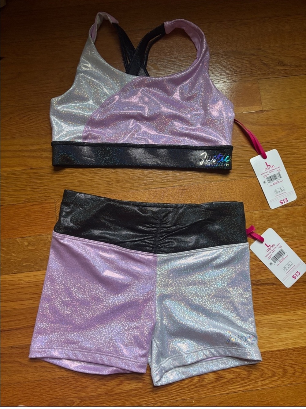 Justice Iridescent purple & Silver Shimmer Dance Top and Shorts Set